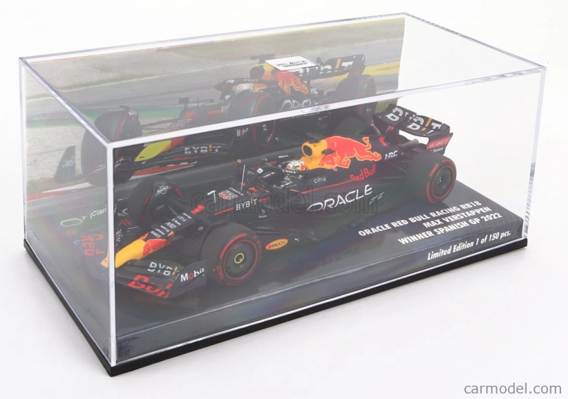 Minichamps Red bull F1 Rb18 Team Oracle Red Bull Racing N 1 Majster sveta Víťaz Španielsko Gp 2022 Max Verstappen 1:43 Matná modrá žltá červená