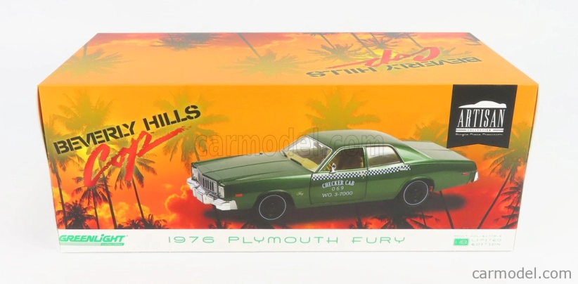 Greenlight Plymouth Fury Checker Taxi 1976 - Beverly Hills Cop 1:18 Green Met