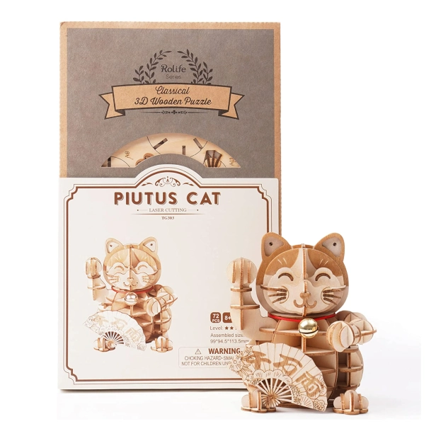 RoboTime drevené 3D puzzle Plutus Cat pre šťastie