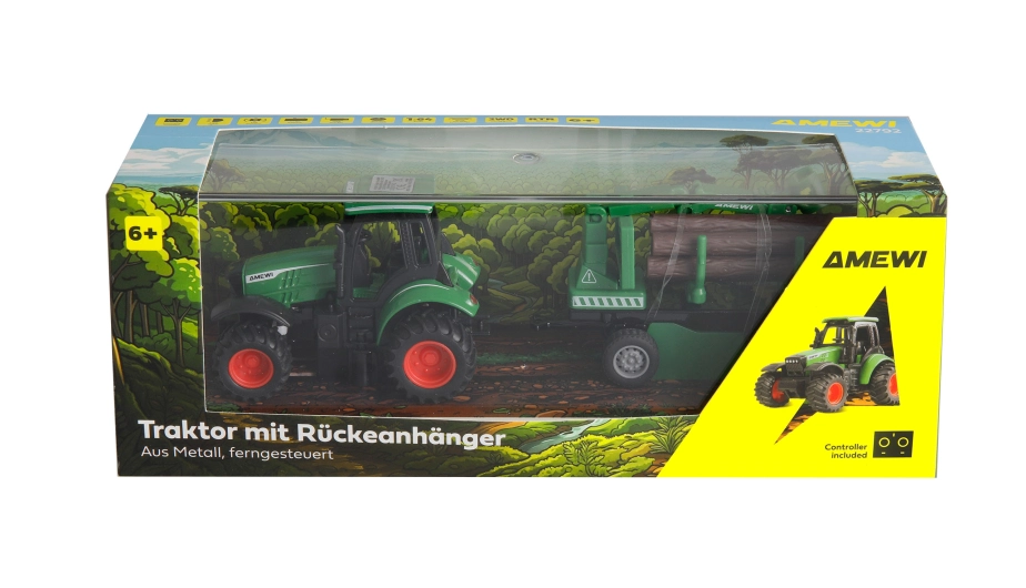 Kovový RC traktor s prívesom na drevo a nakladacím žeriavom 1:64 RTR zelený, 3 rýchlostné stupne, LED svetlá