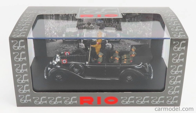 Rio-models Mercedes benz 770k Parade Cabriolet Open 1938 With Figures Adolf Hitler - Hermann Göring - Heinrich Himmler - Reinard Heydrich - Joseph Goebbels - Ss Driver Erich Kempka 1:43 Military Black