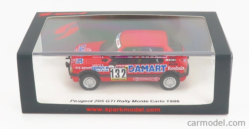 Spark-model Peugeot 205 1.6 Gti N 132 Rally Montecarlo 1986 Francois Delecour - Anne Chantal Pauwels 1:43 Červená