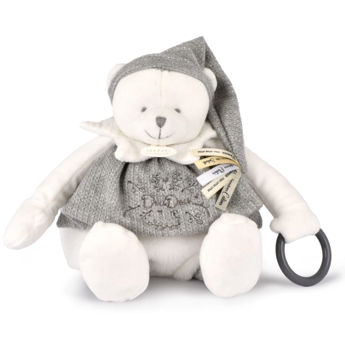Doudou Darčeková sada Plyšový ľadový medvedík s krúžkom 30 cm sivý