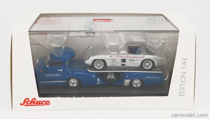 Schuco Mercedes benz Racing Car Transporter Truck Rennwagen 1955 With 300 Slr Spider 1:43 Modrá Stříbrná