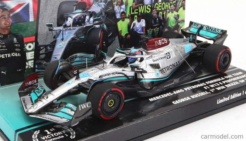 Minichamps Mercedes gp F1 W13e Team Mercedes-amg Petronas F1 N 63 (prvé víťazstvo v F1) Víťaz Brazilian Gp 2022 George Russel 1:43 Silver Green