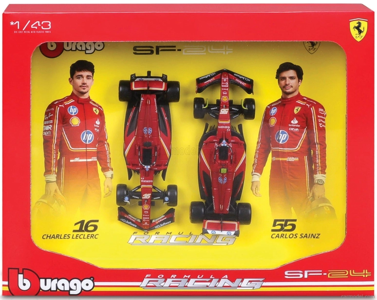 Bburago Ferrari Set F1 2x Sf-24 Team Scuderia Ferrari N 16 Season 2024 Charles Leclerc + N 55 Carlos Sainz 1:43 Červená Černá