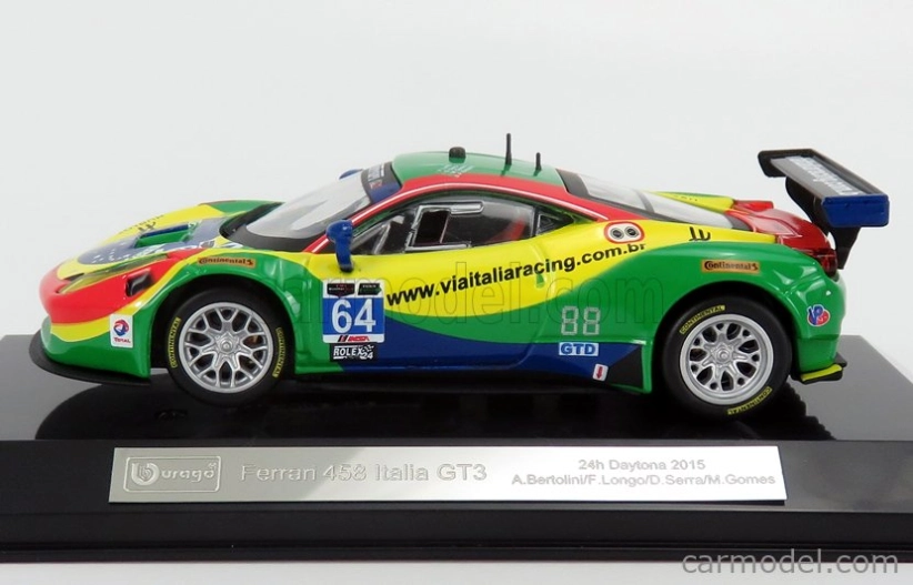 Bburago Ferrari 458 Italia Gt3 4.5l V8 Team Scuderia Corsa N 64 24h Daytona 2015 Andrea Bertolini - Francisco Longo - Daniel Serra - Marcos Gomes 1:43 Červená Zelená Modrá Žlutá