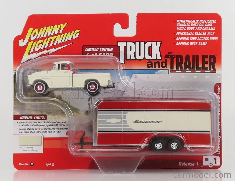 Johnny lightning Chevrolet Cameo Pick-up With Trailer 1955 1:64 Bílá Červená