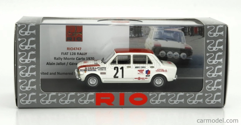 Rio-models Fiat 128 (nočná verzia) N 21 Rally Montecarlo 1970 Alain Jallot - Gerard Marion 1:43 Biela červená