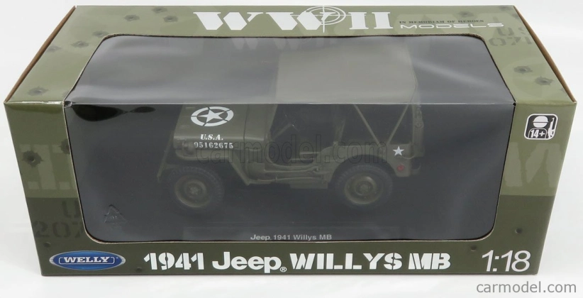 Welly Jeep Willys 1/4 Mb Usa Army Soft-top Closed 1945 1:18 Military Green