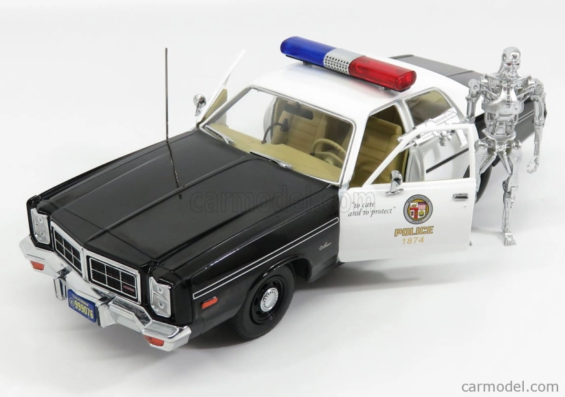 Greenlight Dodge Monaco Police 1977 s figúrkou T-800 - Terminátor 1 1984 1:18 Black White