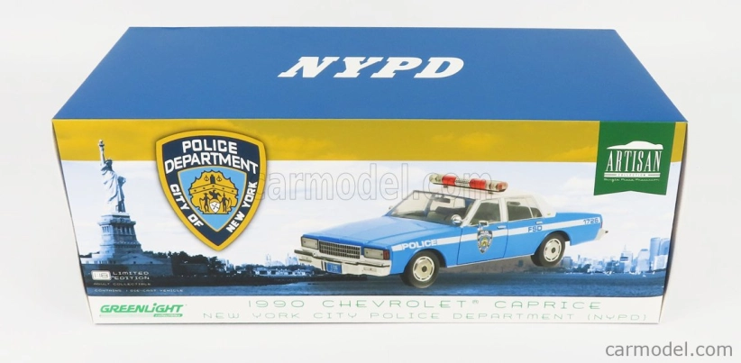 Greenlight Chevrolet Caprice Police New York City Departiment 1990 1:18 Svetlomodrá Biela
