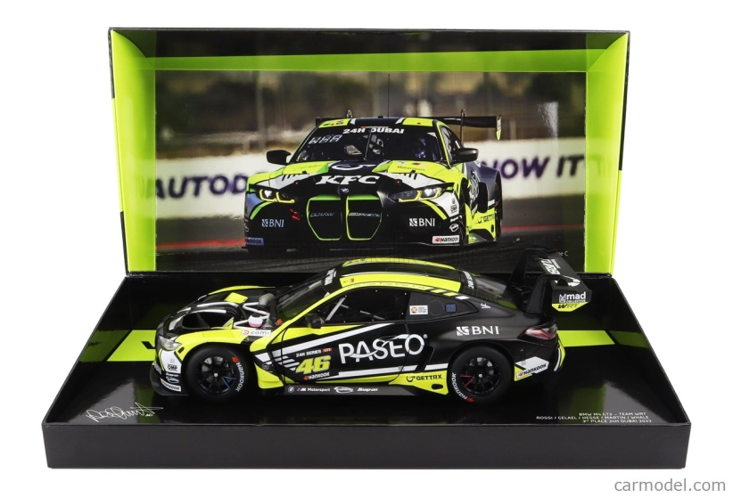 Minichamps BMW radu 4 M4 Gt3 Team Wrt N 46 3. 24h Dubaj 2023 Valentino Rossi - Sean Gelael - Max Hesse - Maxime Martin - Timothy Whale 1:18 Žltá čierna