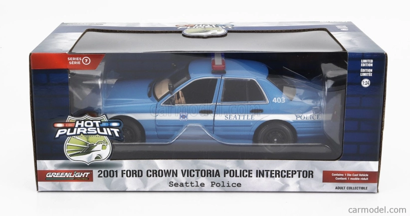 Greenlight Ford usa Crown Victoria Police Interceptor Seattle 2001 1:24 Modrá Bílá
