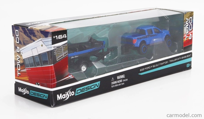 Maisto Ford USA F-150 Svt Raptor Pick-up With Bass Boat And Trailer 2021 1:64 modrá čierna