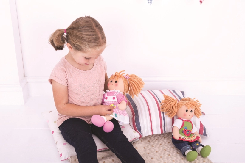 Bigjigs Toys Modré puntikované šaty s jelenem pro panenku 38 cm