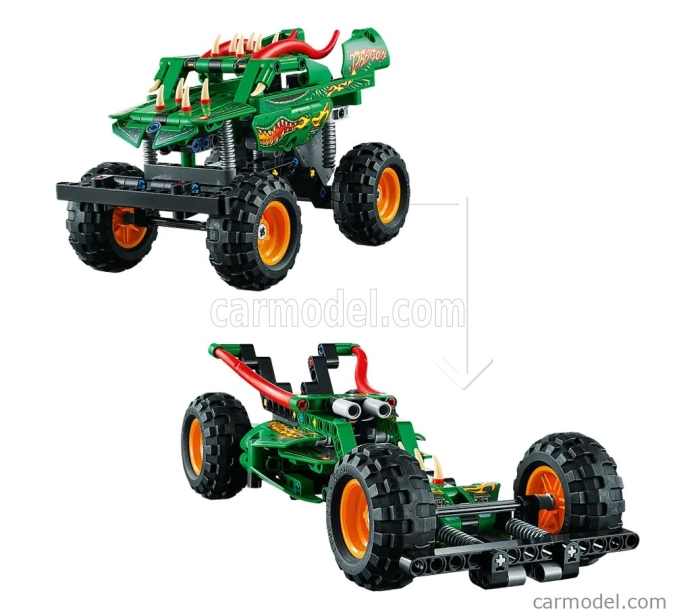 Lego Truck Lego Technic - 2 v 1 - Monster Jam Dragon Pull Back - 217 dielikov - zelená