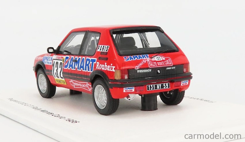 Spark-model Peugeot 205 1.6 Gti N 132 Rally Montecarlo 1986 Francois Delecour - Anne Chantal Pauwels 1:43 Červená