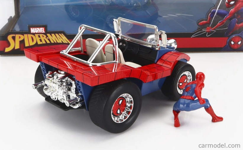 Jada Mayers manx Buggy With Spiderman Figure Marvel 1964 1:24 Modrá Červená