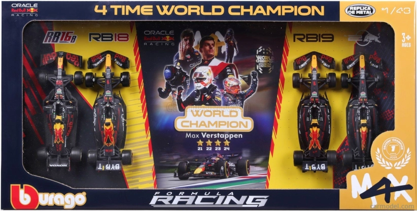 Bburago Red bull Set F1 4x – 4 Time World Champion – Rb16b N 33 Season 2021 – Rb18 N 1 Season 2022 – Rb19 N 1 Season 2023 – Rb20 N 1 Season 2024 Max Verstappen 1:43 matná modrá žltá červená