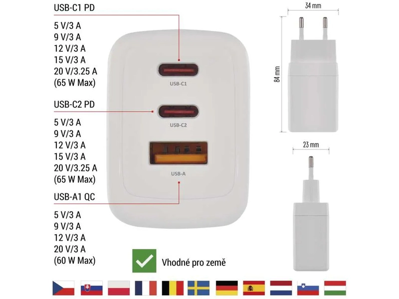 Napájací adaptér GaN PD 65W USB (napájanie)