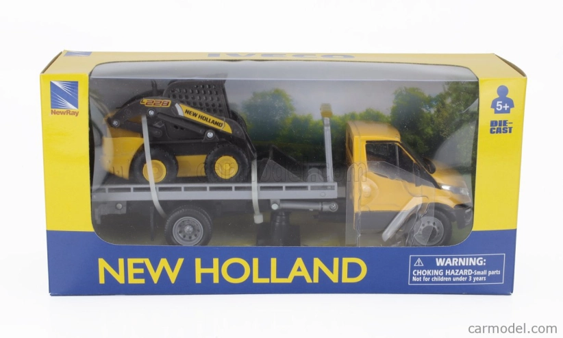Newray Iveco fiat Daily Roll-off Pianale 2023 With New Holland L228 Ruspa Gommata - Skid Steer Scraper Tractor 1:36 Žlutá Černá
