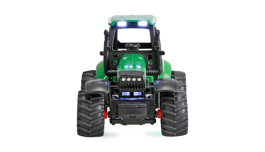 Kovový RC traktor s prívesom na drevo a nakladacím žeriavom 1:64 RTR zelený, 3 rýchlostné stupne, LED svetlá