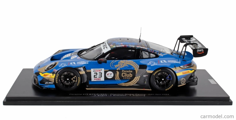 Spark-model Porsche 911 992 Gt3 R 4.2l Team Phantom Global Racing N 23 24h Spa 2024 Jaxon Evans - Joel Eriksson - Thomas Preining 1:18 Blue