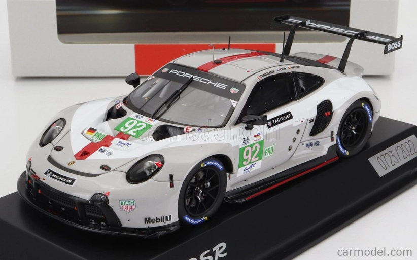Spark-model Porsche 911 991-2 Rsr-19 4.2l Team Porsche Gt N 92 24h Le Mans 2022 Michael Christensen - Kevin Estre - Laurens Vanthoor 1:43 Bielo-sivo-červená