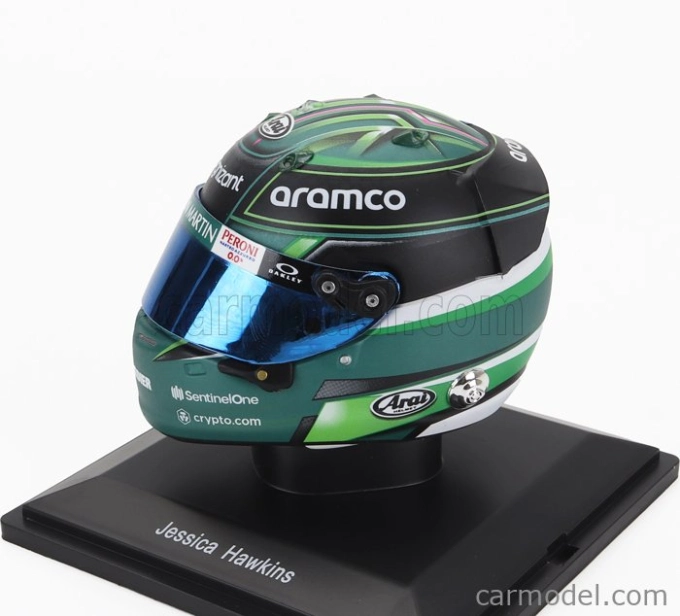 Spark-model Bell helmet F1 Casco Helmet Aston Martin Amr23 Team Aramco Cognizant N 0 F1 Test 2023 Jessica Hawkins 1:5 Zelená