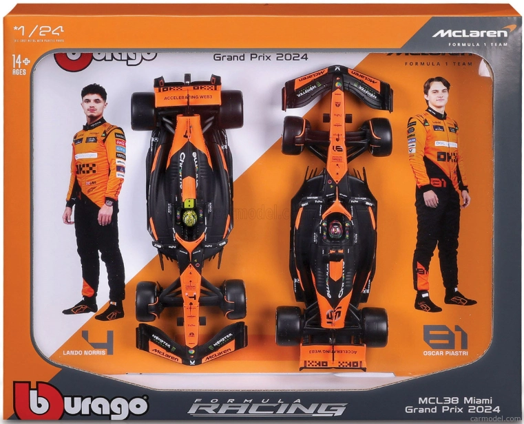 Bburago Mclaren Set F1 2x Mcl38 Team Mclaren N 4 Season 2024 Lando Norris + N 81 Oscar Piastri – With Pilot 1:24 oranžovo-čierna