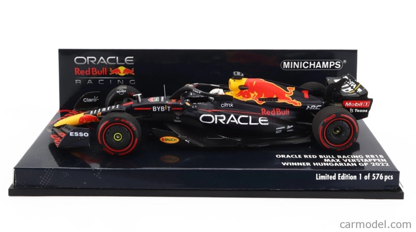 Minichamps Red bull F1 Rb18 Team Oracle Red Bull Racing N 1 Winner Hungarian Gp World Champion 2022 Max Verstappen 1:43 Matná modrá žltá červená