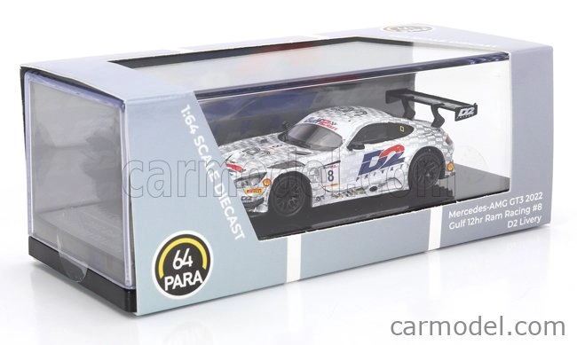 Paragon-models Mercedes benz Gt3 Amg Evo Team Ram Racing N 8 12h Gulf 2022 Mikael Grenier - Ian Loggie - Morgan Tillbrook 1:64 bielo strieborná