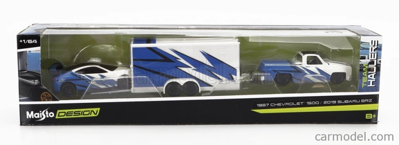 Maisto Chevrolet 1500 Pick-up With Trailer Car Transporter + Subaru Brx 2019 1:64 modro-biela