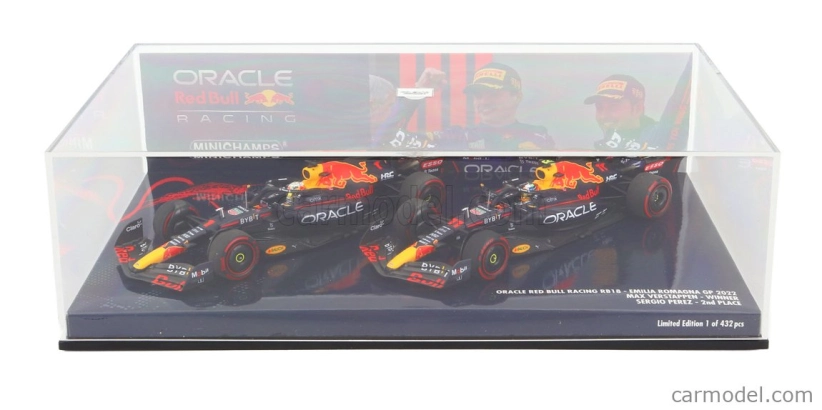 Minichamps Red bull F1 Set 2x Rb18 Team Oracle Red Bull Racing N 1 Víťaz Emilia Romagna Taliansko Gp Majster sveta 2022 Max Verstappen + N 11 2. Emilia Romagna Taliansko Gp 2022 Sergio Perez 1:43 Matná modrá žltá červená