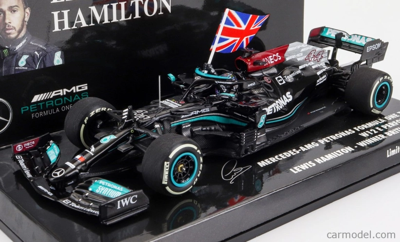 Minichamps Mercedes gp F1 W12 Mercedes M12 Eq Power+ Team Amg Petronas Motorsport Formula One N 44 Winner British Silverstone Gp With Flag 2021 Lewis Hamilton 1:43 Black Green