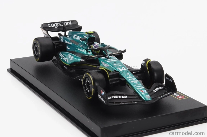 Bburago Aston martin F1 Amr23 Team Aramco Cognizant N 14 Season 2023 Fernando Alonso – With Pilot And Showcase 1:43 zelená