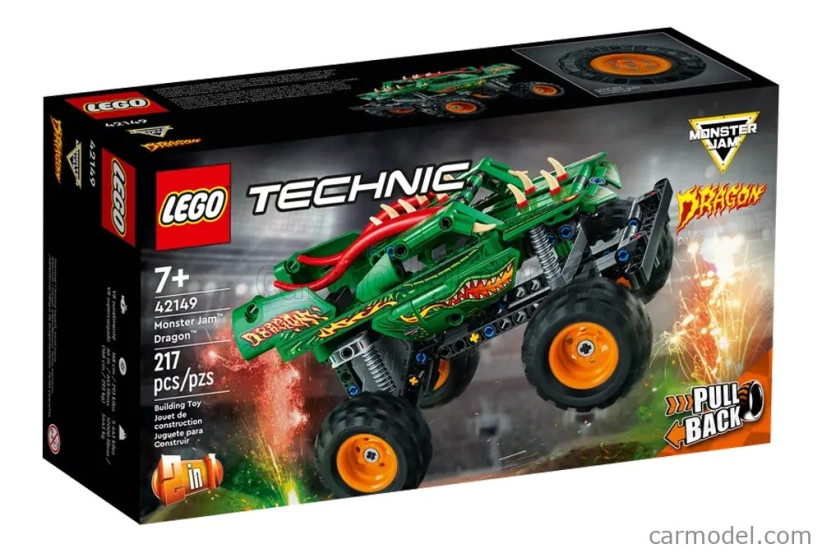 Lego Truck Lego Technic - 2 v 1 - Monster Jam Dragon Pull Back - 217 dielikov - zelená