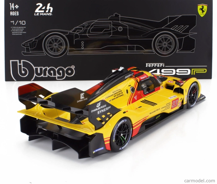 Bburago Ferrari 499p 3.0l Turbo V6 Team Af Corse N  83 24h Le Mans 2024 Robert Kubica - Robert Shwartzman - Yifei Ye - Con Vetrina - With Showcase 1:18 Žlutá Červená