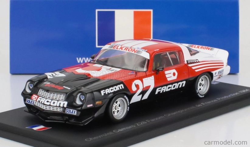 Spark-model Chevrolet Camaro Z28 N 27 National France Champion 1985 Jean Pierre Jarrier 1:43 Červená Černá Bílá