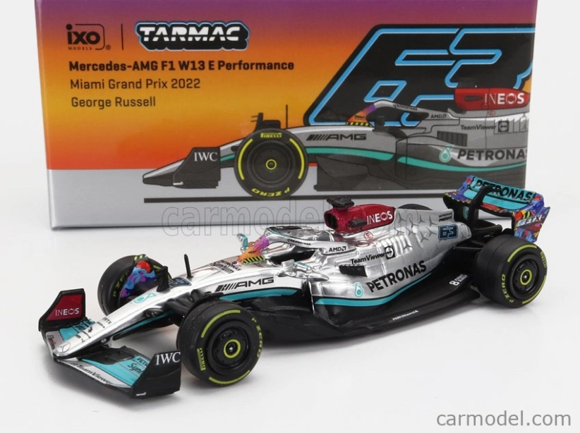 Tarmac Mercedes gp F1 W13e Team Mercedes-amg Petronas F1 N 63 5th Miami Gp 2022 George Russell 1:64 Stříbrná Zelená