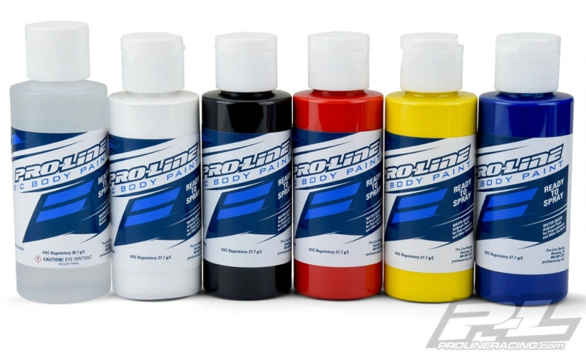 Sada farieb Pro-Line Airbrush (6 ks po 60 ml) - základné farby a čistič.
