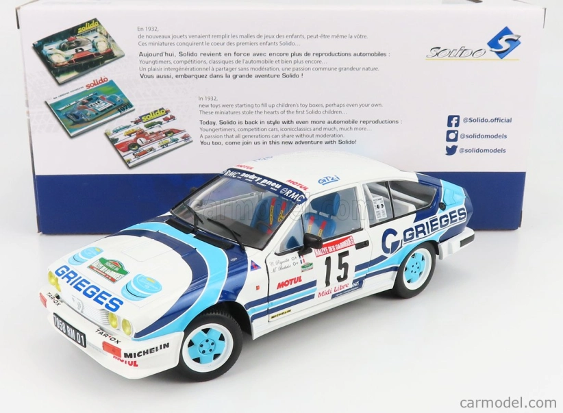 Solido Alfa romeo Alfetta Gtv6 N 15 Rally Des Garrigues 1986 C.rigollet - M.bathelot 1:18 Biela 2 tóny Modrá