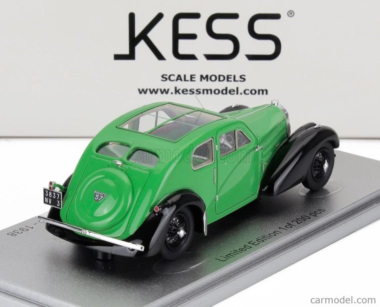 Kess-model Bugatti 57c S/n.57335 Coupe Aerodynamique Panoramic Roof 1938 1:43 Green Black