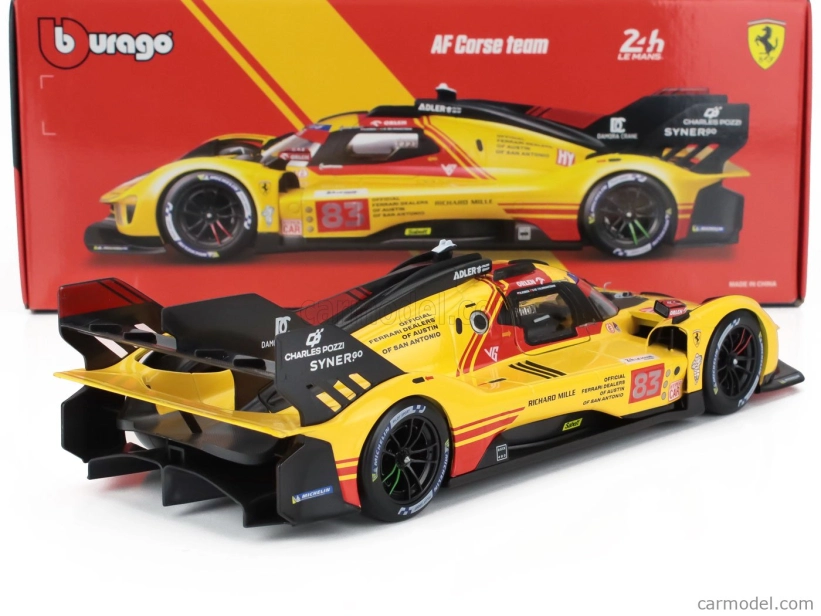 Bburago Ferrari 499p 3.0l Turbo V6 Team Af Corse N 83 24h Le Mans 2024 Robert Kubica – Robert Shwartzman – Yifei Ye 1:18 žltá červená