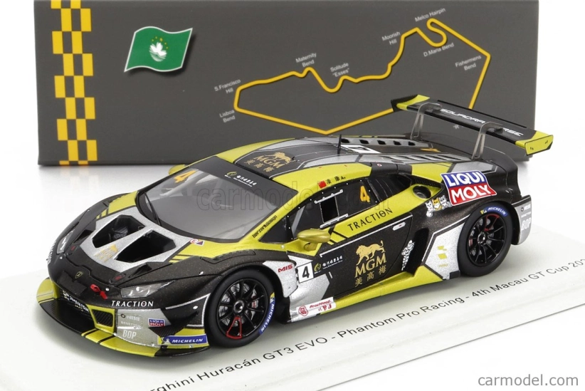 Spark-model Lamborghini Huracan Gt3 Evo Team Phantom Pro Racing N 4 4. Gt Cup Macau 2022 Ling Kang 1:43 Žltá čierna