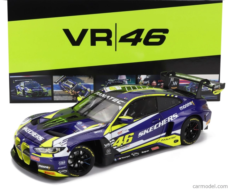 Minichamps BMW radu 4 M4 Gt3 Team Wrt N 46 Víťaz Gtwce Gt World Challenge Europe Sprint Cup Misano Taliansko 2023 - Valentino Rossi - Maxime Martin 1:18 Fialová Žltá Čierna