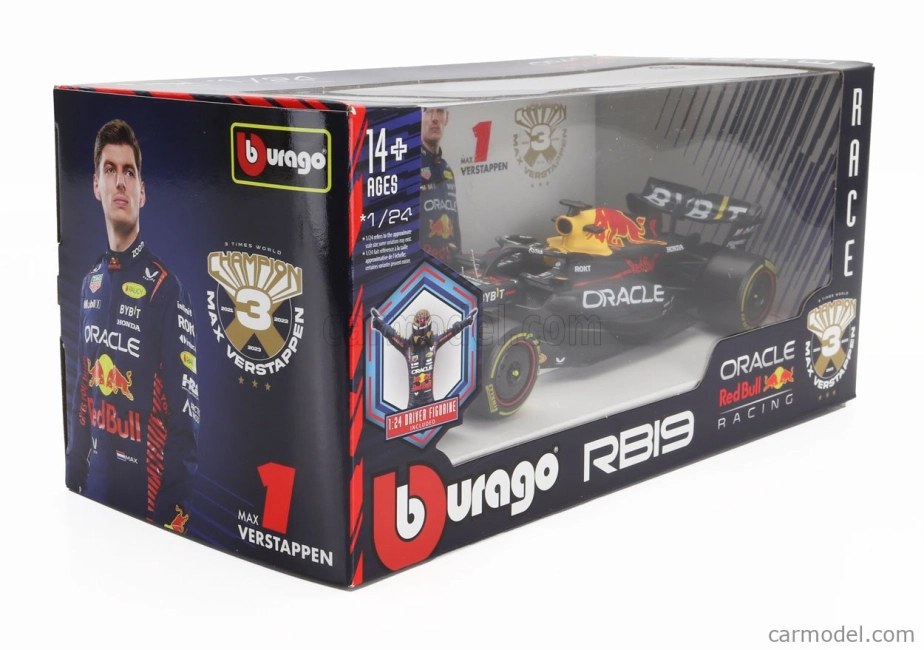 ROZBALENO-Bburago Red bull F1 Rb19 Team Oracle Red Bull Racing N 1 World Champion Season 2023 Max Verstappen 1:24 Matná Modrá Žlutá Červená