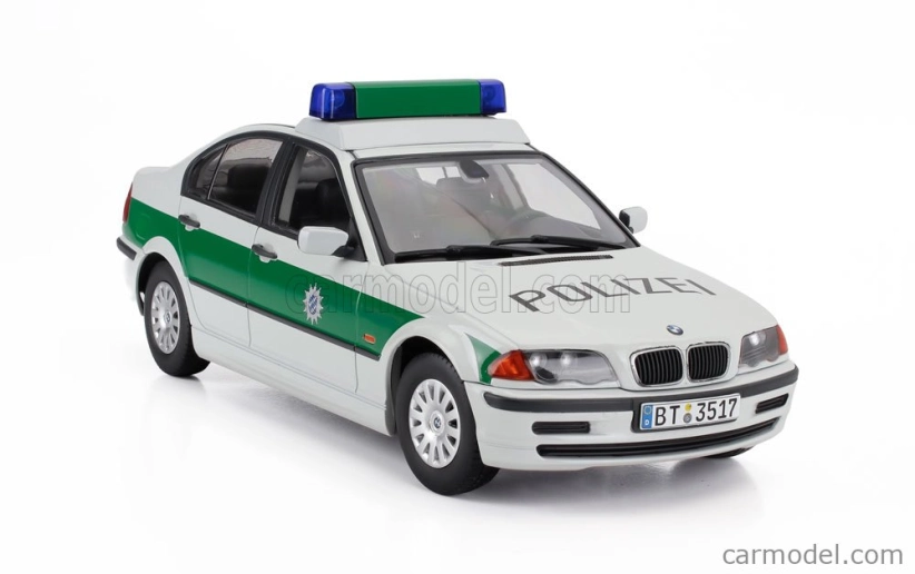 BMW radu 3 (e46) Polizei 1999 v mierke 1:18 bielo-zelená