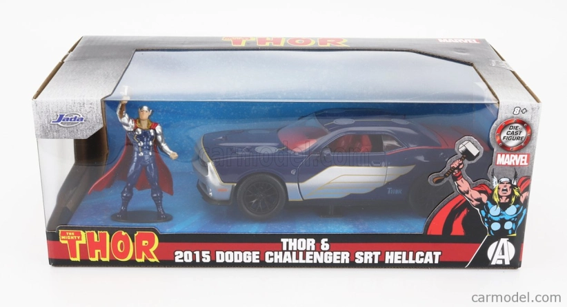 Jada Dodge Challenger Srt8 s figúrkou Thora 2015 1:24 modrá strieborná